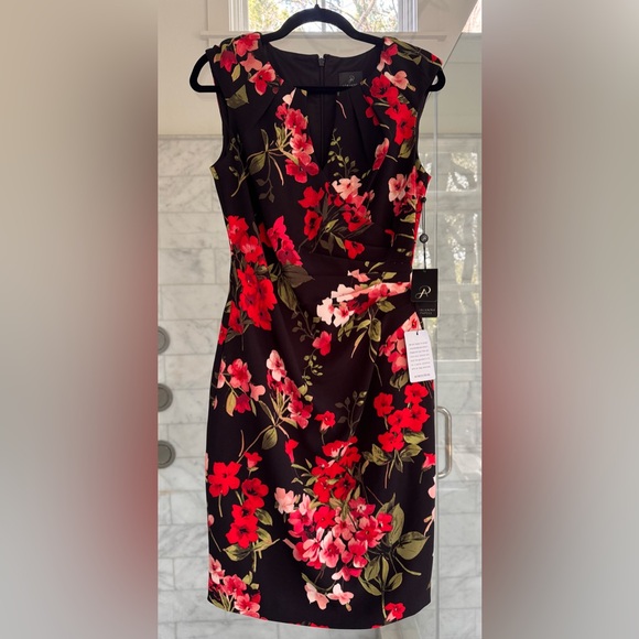 Adrianna Papell Black Dress with Red and Pink Floral Design - Picture 2 of 12